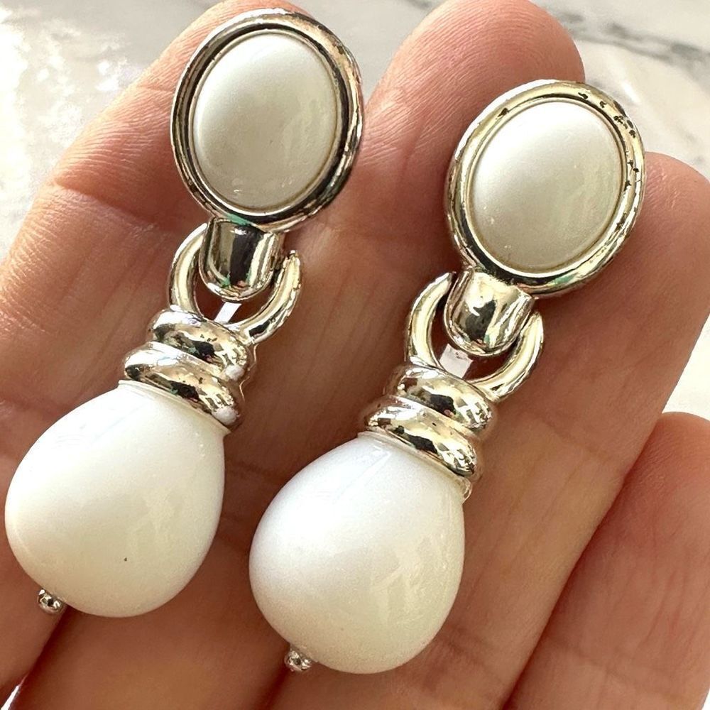 Monet white and silver  tone clip on drop earrings